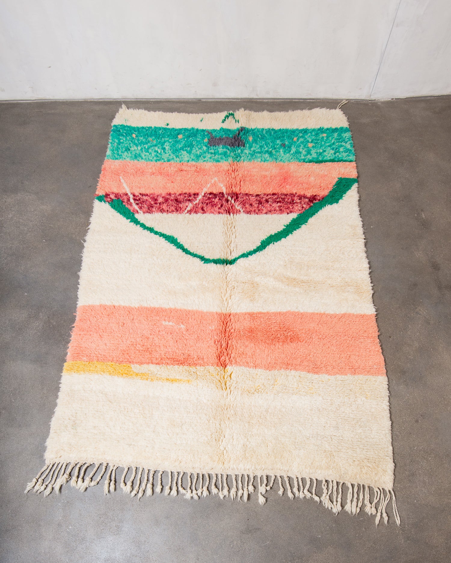 Modern, designer, handcrafted Berber rug from Morocco. Vintage carpet with beautiful colours and patterns and fluffy texture.